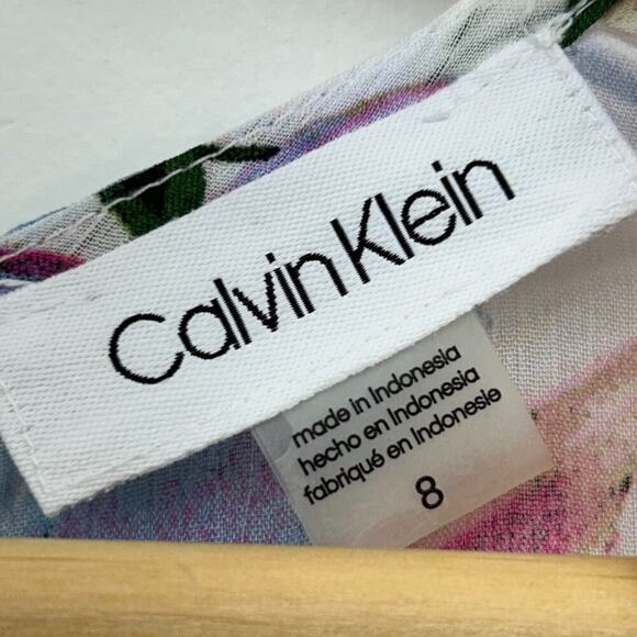 Calvin Klein White Pink Ruffle Faux Wrap Side Tie Floral Above Knee Mini Dress 8 - Picture 7 of 8